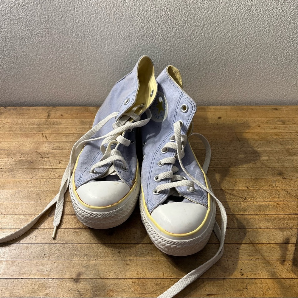 Baby blue high top converse with light yellow accent